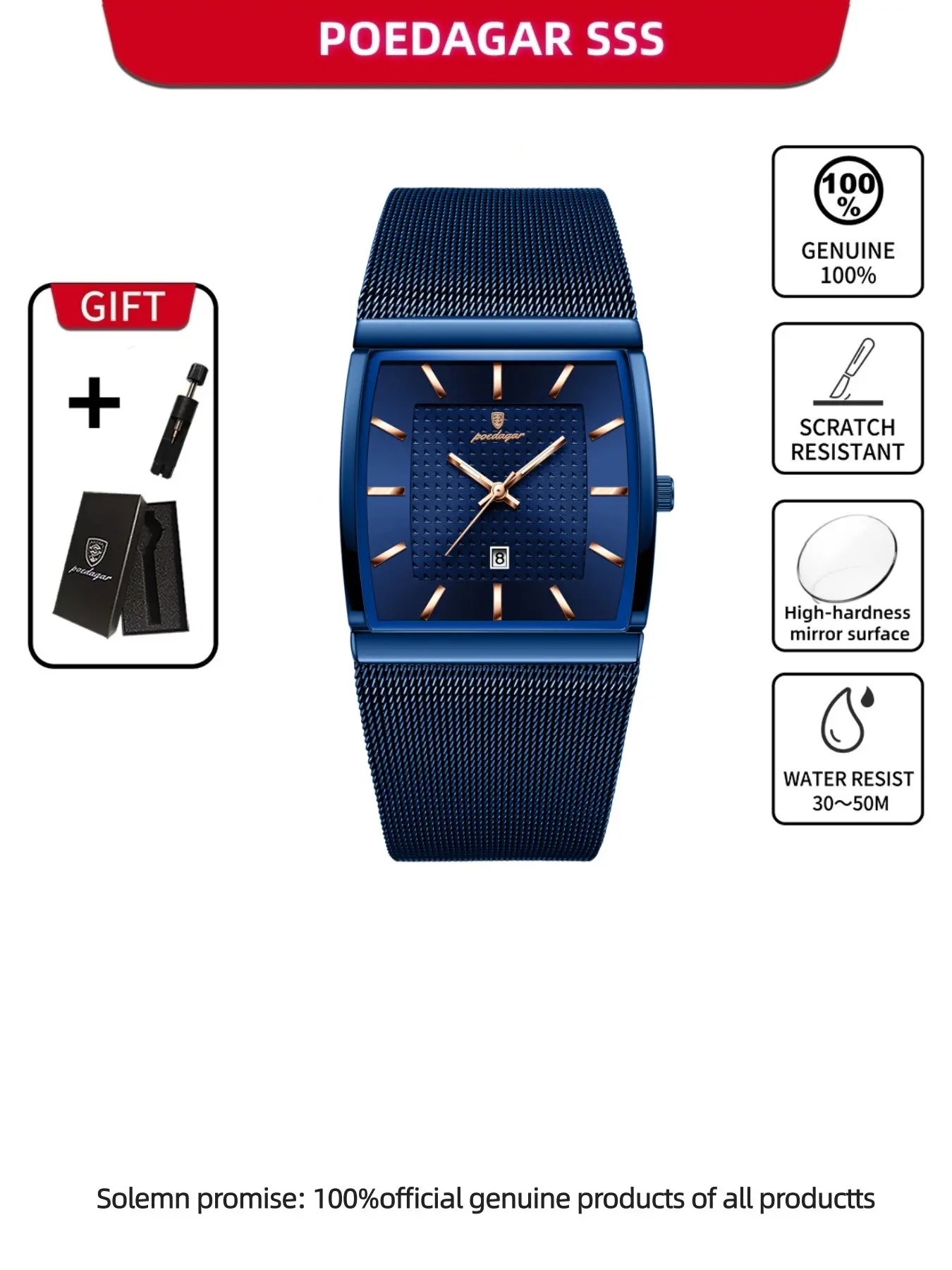 Poedagar Luxury Casual Men's Watch Waterproof Luminous Date Rectangular Men's Watch Mesh Stainless Steel Fashion Men's Quartz Wristwatch Suitable for Daily Wear