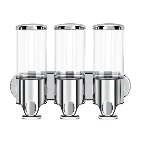 3-in-1 Wall-Mounted Dispenser - No-Drill Transparent Bottles, Hand Installation, Smooth & Shiny Design for Bathroom & Hotel Shower Use