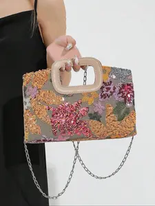 Atmosphere inspired sequin embroidered texture handbag, retro fashionable and exquisite style single shoulder crossbody bag, chain shoulder strap design, can accommodate lipstick and headphones, suitable for dating and socializing