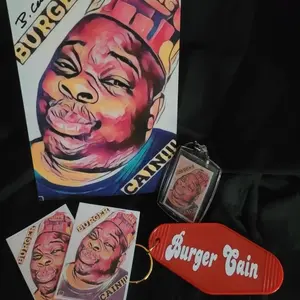 Burger cain bundle two keys chains,two stickers autographe pic of burger cain