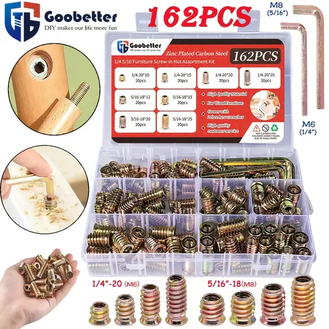 162Pcs 1/4"-20 Threaded inserts for Wood Furniture Screw-in Nut Wood inserts Bolt Assortment Kit with M6+M8Hex Wrench (1/4"-20 x15mm)