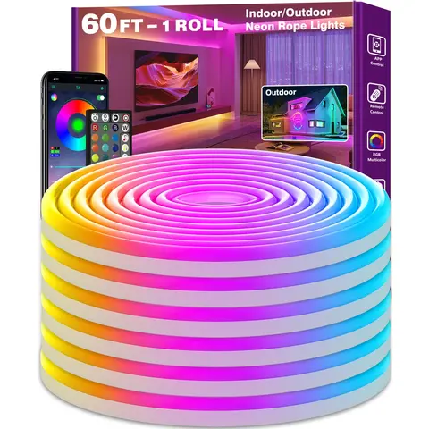 Led Neon Rope Lights 60FT,Control with App/Remote,Flexible Led Rope Lights,Multiple Modes,IP68 Outdoor RGB Neon Lights Waterproof,Music Sync Gaming Led Strip Lights for Bedroom Indoor