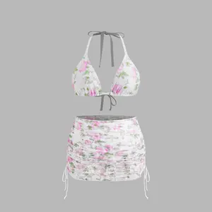 Cider V-neck Floral Knotted Halter Full Coverage Bikini Set With Drawstring Cover Up Skirt Curve & Plus SwimWeek