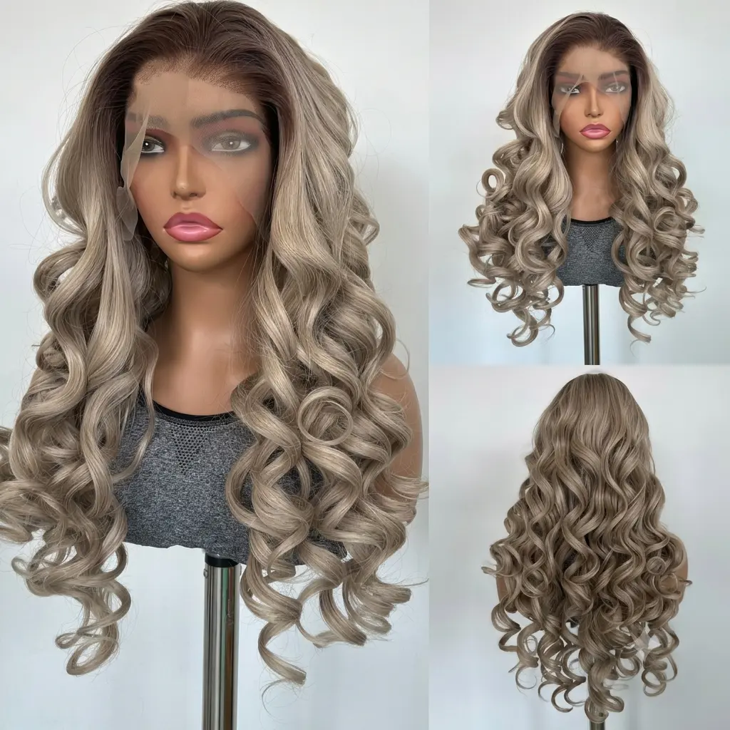 Sinmoc Women's Brown Gradient Gray Blonde Curly Hair Spiral Wig, 13x4 HD Transparent Lace Front, Hand-Tied with Curly Bangs, Synthetic Hair Extension with  Look for Daily Wear glueless hairline natural