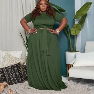 EchoineWomen'sPlusSize2PieceOutfitsShortSleeveBandageKnotFrontWrapEmpireCropTopsandElasticWaistRuchedLongSkirtPlainCasualSetsWomenswearPolyesterSoftLadySuitsCasualClothingOverallsSexyUnderwearComfortSolidFabric