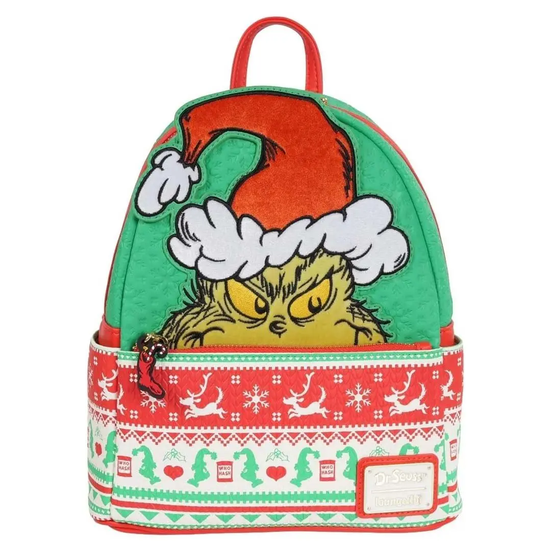 Dr. Seuss The Grinch Christmas Holiday Specialty Mini Backpack - Entertainment Earth Exclusive, Faux Leather, Velvet Appliqué, Fair Isle Print, Rubber Zipper, Debossed Graphic, 9.5" L x 10.5" H x 5.5" D Cartoon Collectible Compact Functional Bag