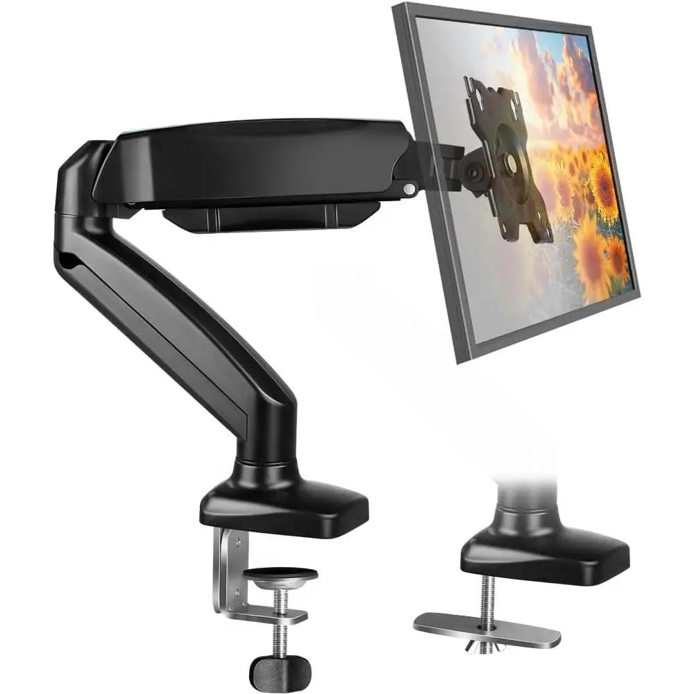 Black Single  Arm Adjustable Stand  Mount up to 32 inches and 17.6 lbs,Computer Desk Mount with Clamp and Grommet Base