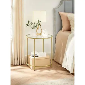 Round Side  Set Of 2, Glass End   Metal Frame, Gold Coffee   Modern Style For Living Room, Balcony, Bedroom with Table