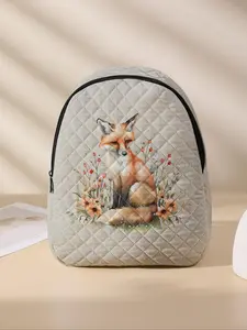 Cute Fox Pattern Quilted Backpack, Lightweight Durable School Bag with Lunch Pocket, Casual Student Backpack for Primary School, Middle School and University