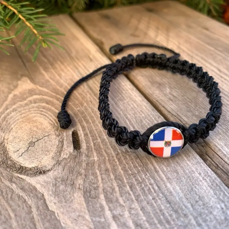 Dominican Republic Black Bracelet with Flag Charm, Braided Design, Featuring Dominican Republic Flag Pattern