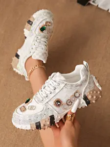High-End Light Luxury Rhinestone Dad Shoes for Women, Trendy Spring 2026 Korean Style Breathable Casual Sports Sneaker Shoes, Rhinestone Embellished Sneakers