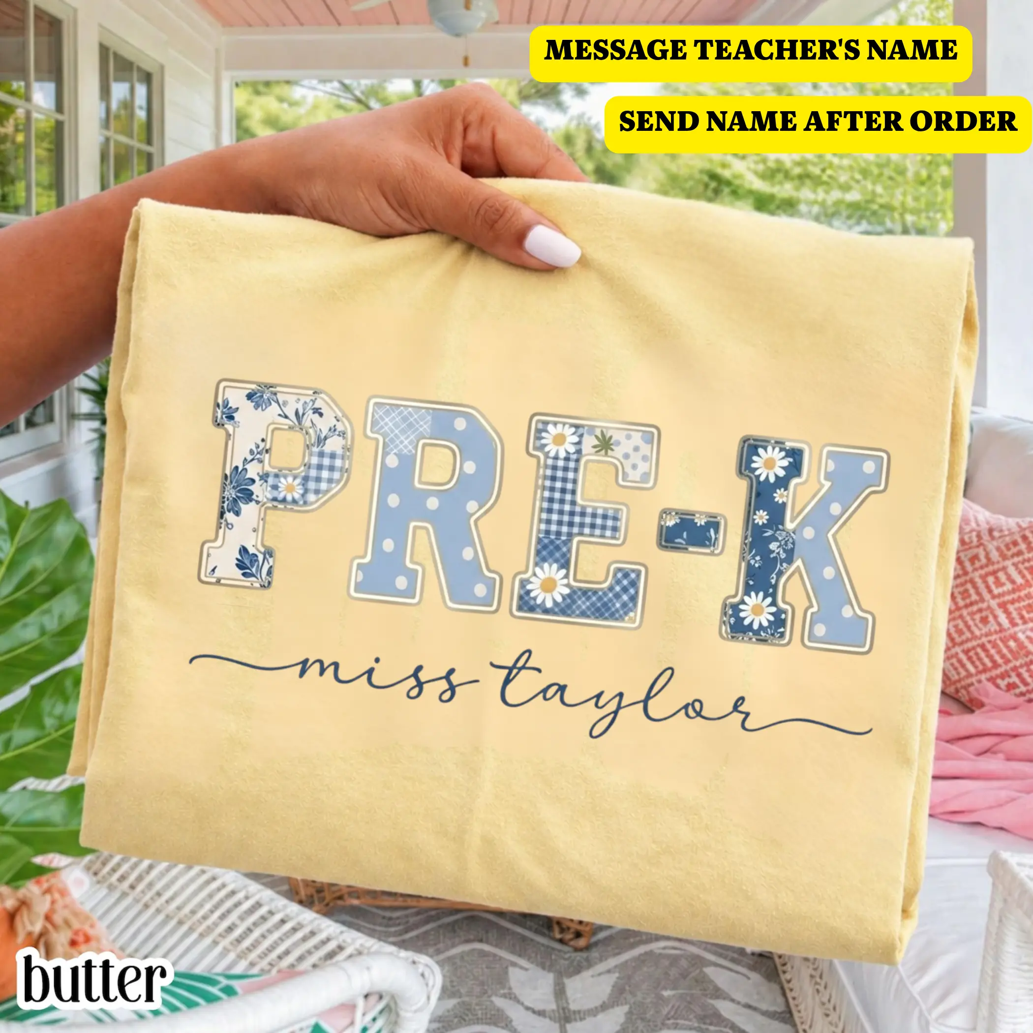 Comfort Colors Pre-k Teacher Shirt, Custom Teacher Name Graphic Tee, Floral Blue Back to School Teacher Team Tee, Teacher Gift Ideas - By Thanya LLC