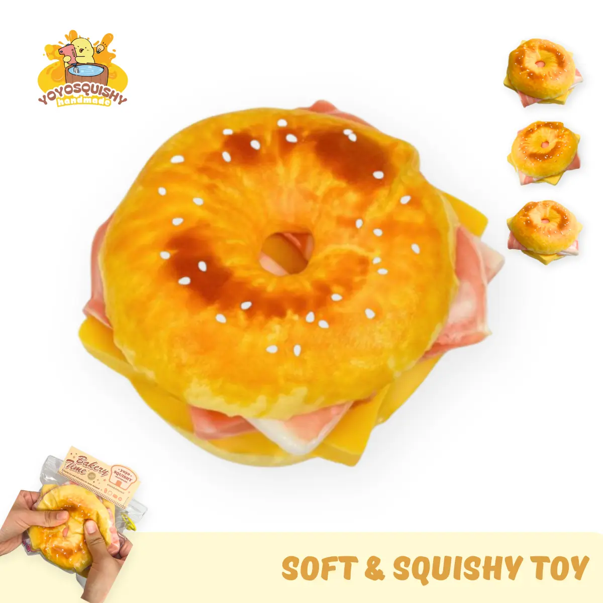 YOYOSQUISHY Cheese Bacon Bagel Decompression Squishy Toy - Handmade Stressball, Food-Grade Silicone, Slow Rebound, Soft Touch, Oddly Satisfying, Squish Stress Relief Toys, Sensory Friendly, Calm Corner Gifting Item, Slow Rising