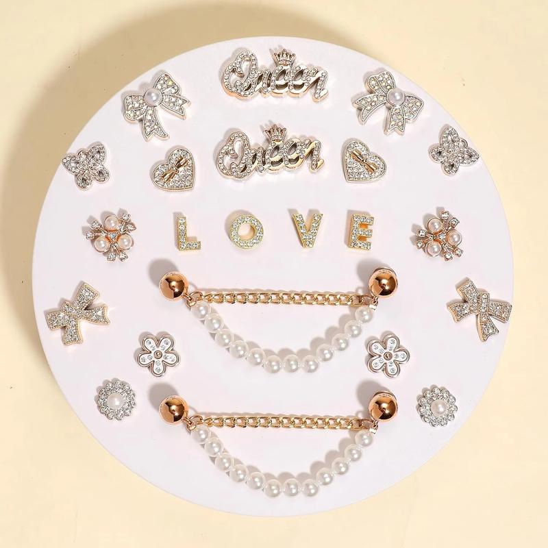 SOGLLQAM Bling Rhinestones and Pearls Shoe Charms Set with Sparkling Shoe Chains, LOVE Queen Letter Charms for DIY Women's Clog Sandals Decor | Trendy Shoe Accessories for Party Girls and TikTok Fashion Gifts