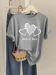 Women's Crew Neck Milk Silk T-Shirt Love & Love Leopard Heart Print, Multiple Colors Available, High Elasticity, Breathable Skin-Friendly, Machine Washable, Casual Versatile Soft Top for All Seasons & All Body Types Plus Daily Wear Style Cool Chic