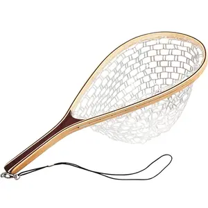 Wooden Fishing Net with Rubber Mesh – Fish-Friendly Fly & Dip Net, .-Free Catch & Release Landing Net with Comfortable Handle, Safety Lanyard & Magnetic Clip – Perfect for Stream, Creek & Outdoor