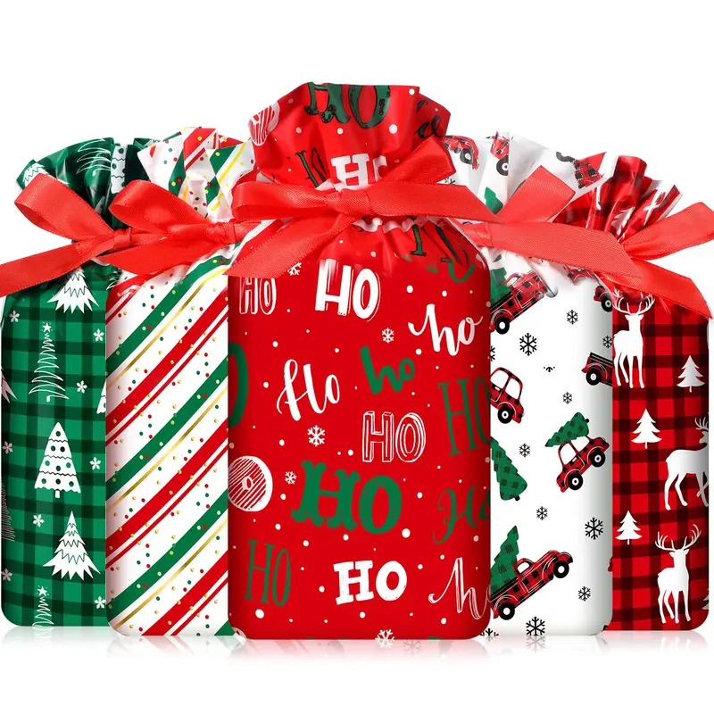 48/50/60 Pcs Mini Christmas Gift Bags with Drawstring Tags Plastic Candy Bags Snack Bags with Christmas snowflakes Red and Green stripes Buffalo Plaid Christmas Trees Elk Pattern,Treat Goodie Bags for Birthday Halloween Christmas Party Favor Supplies