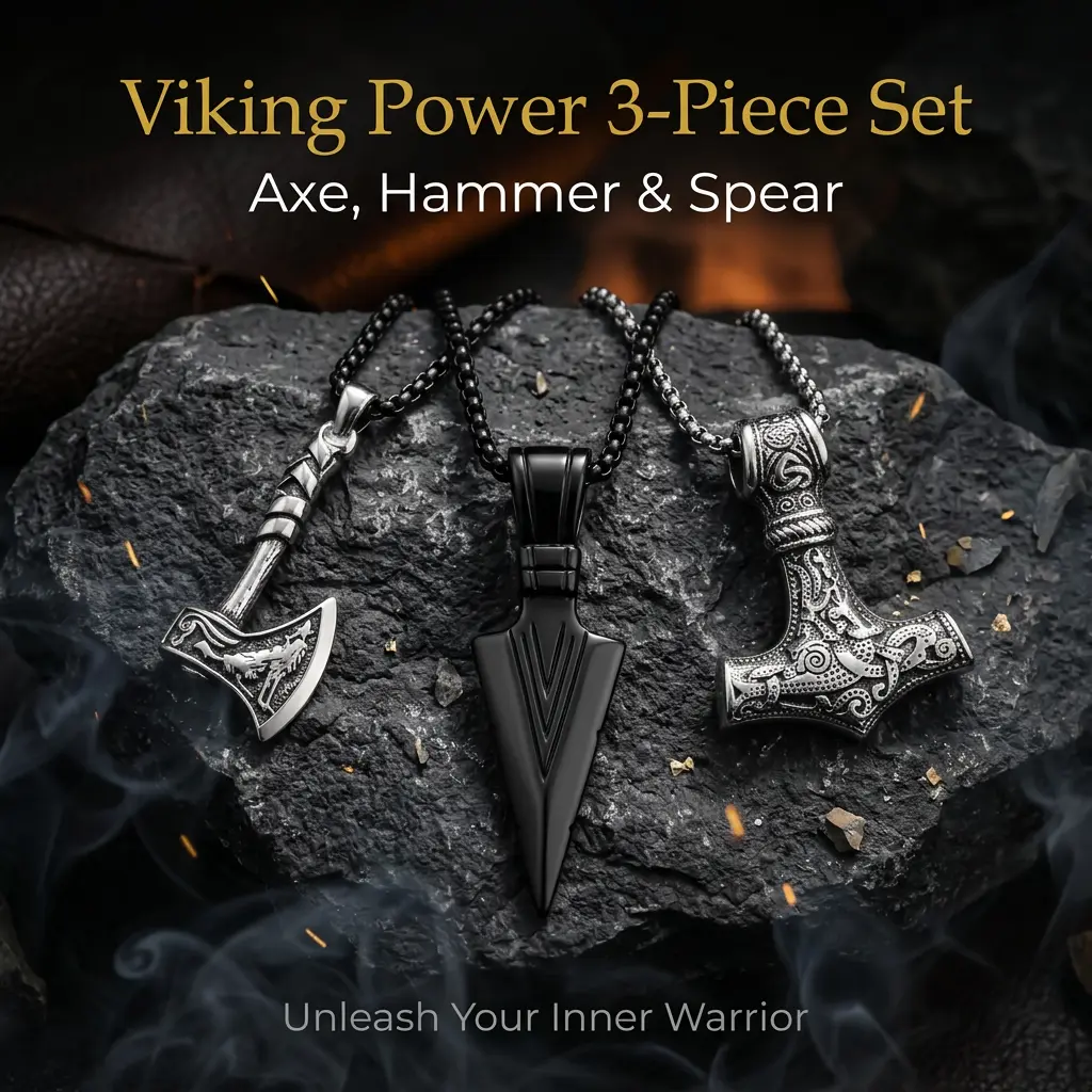 3-Piece Vintage Norse Necklace Set, Stainless Steel Axe & Thor's Hammer & Spear Pendant, Personality Domineering Men's Jewelry, Retro Engraved Chain for Streetwear,Domineering Personality Chain for European American Style
