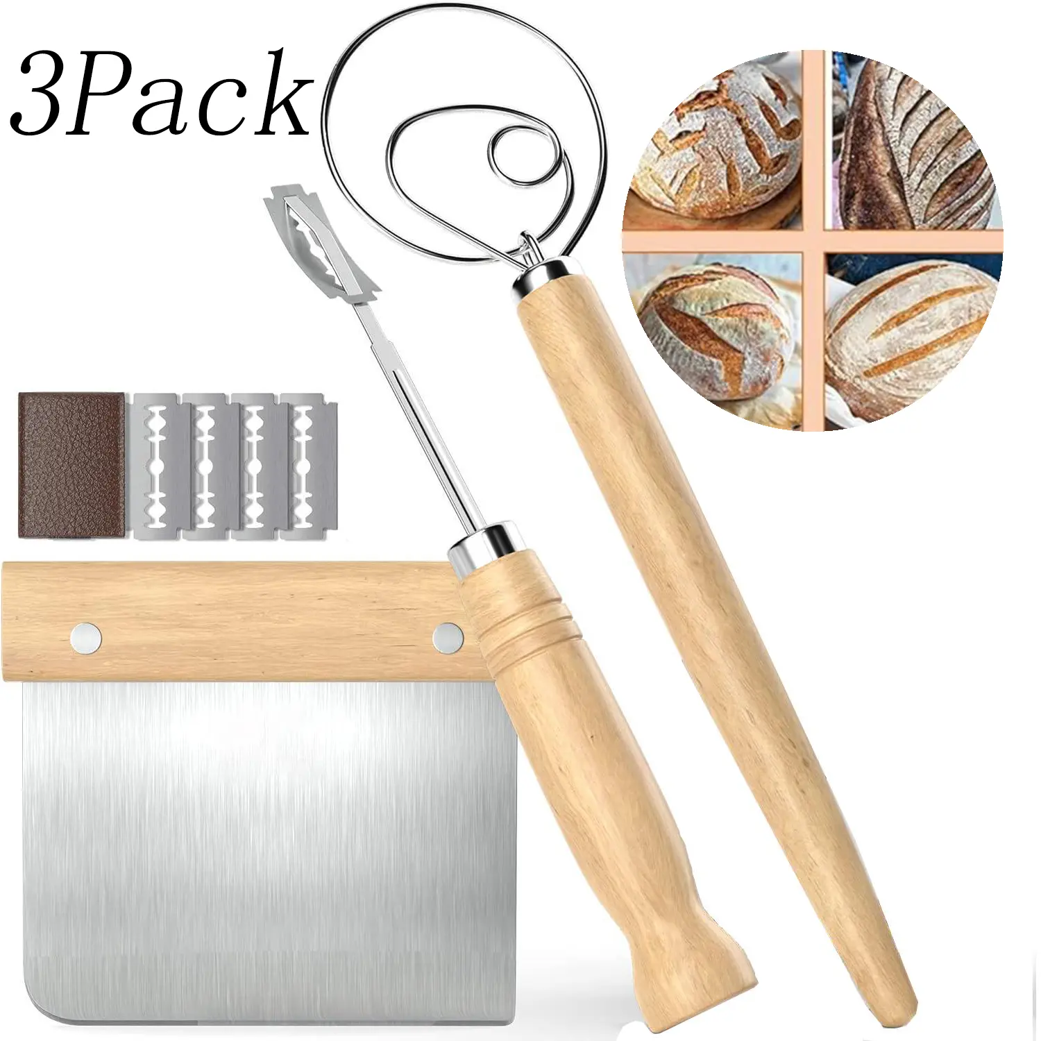 Serious Home Bakers 3-Piece Durable Stainless Steel Bakeware Set - Beechwood Handle Clump-Reducing Danish Dough Whisk, Double Edge Precision Bread Lame with Scoring Blades, Sourdough Baking Bench Scraper for Precise Cuts
