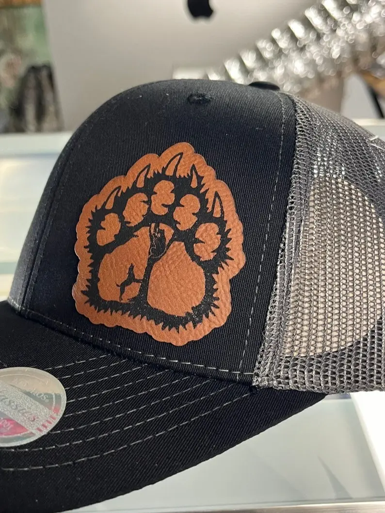 Bear Paw Tree Leather Patch Trucker Hat for Hound Dog Hunters, Adjustable & Stylish Outdoor Cap