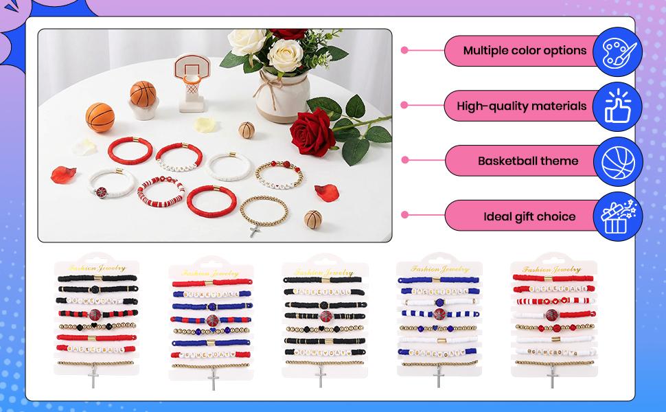 Landical 8 Pcs Basketball Game Day Bracelets Heishi Clay Beaded Stretch Bracelets Basketball Mom Accessories Jewelry Gifts