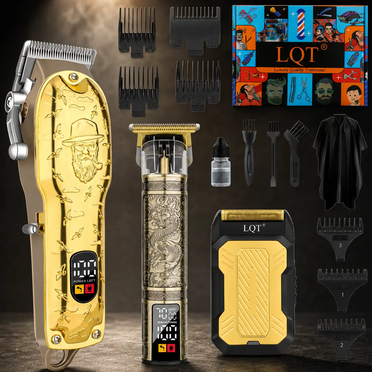 Luxury Gold Hair Clippers for Men, Professional Cordless Hair Trimmer Kit with T Blade Detailer, Dragon Engraved Barber Clippers, LCD Display, Adjustable Cutting Length, Complete Grooming Set for Home & Barber Shop