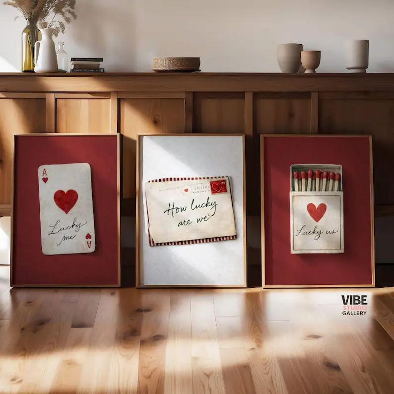 Set of 3 Lucky Love Valentine Poster Set, Romantic Couple Wall Art