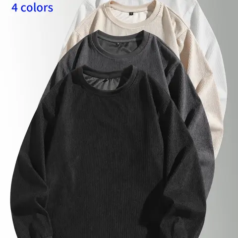 3-pack men’s sweatshirts: crewneck pullover, corduroy crewneck top, casual minimalist loose long-sleeve apparel; solid basic fit with vertical textured design; made from skin-friendly, breathable fabric—ideal for everyday commuting outfits.