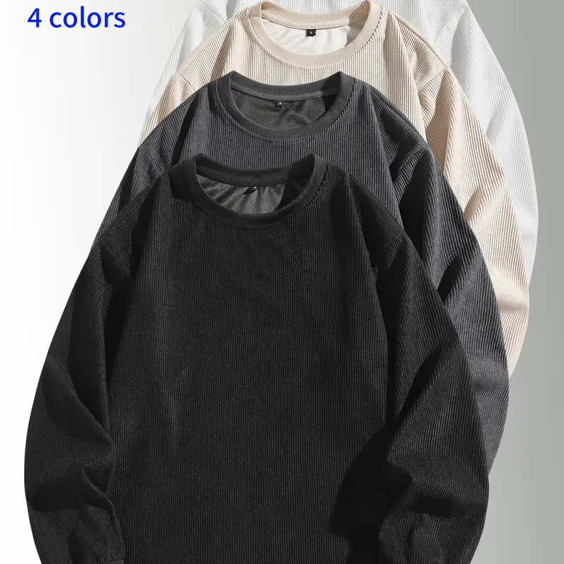 3-pack men’s sweatshirts: crewneck pullover, corduroy crewneck top, casual minimalist loose long-sleeve apparel; solid basic fit with vertical textured design; made from skin-friendly, breathable fabric—ideal for everyday commuting outfits.