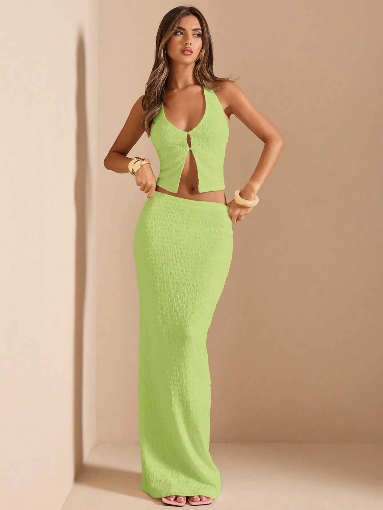 Women’s lime green textured halter two-piece set: front-slit crop top + high-waisted slim bodycon long skirt. Pure-desire hot-girl vacation outfit.