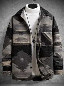 Men's Thick Woolen Ethnic Style Retro Lapel Casual Fashion Long Sleeve Shirt Jacket, Fall Winter New Arrival Outerwear Coats