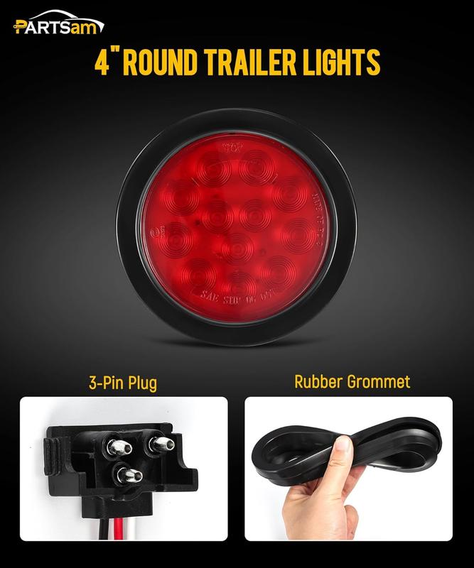 Partsam 4 Inch Round Led Rear Tail Lights Brake Brake Trailer Lights with Rubber Grommets for Trailers RVs Trucks, 8pcs/Set