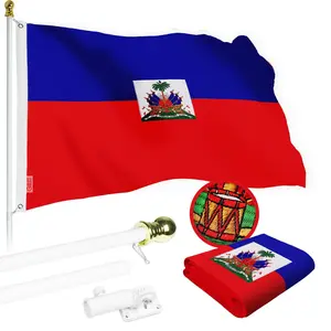 G128 Combo Pack: 5 Ft Tangle Free Spinning Flagpole (White) & Haiti Flag 2.5x4 Ft Embroidered 220GSM Spun Polyester, Brass Grommets (Flag Included) Aluminum Flag Pole