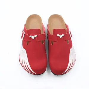 Red Angel Wing Embroidered Clogs - Boston Style Cork Footbed Slides for Men slip-on slides  Adjustable Buckle with Skull Charm