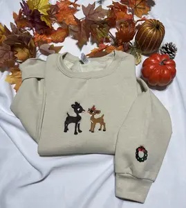 Christmas sweatshirt with wreath embroidered on the sleeve; Christmas embroidered crewneck Cotton Casual Embroidery Hoodie Clothing