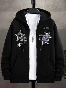 Men's American Style Star Print Hooded Zipper Sweatshirt Coat, Streetwear Letter Decor, Comfortable Warm Casual Wear, Unisex