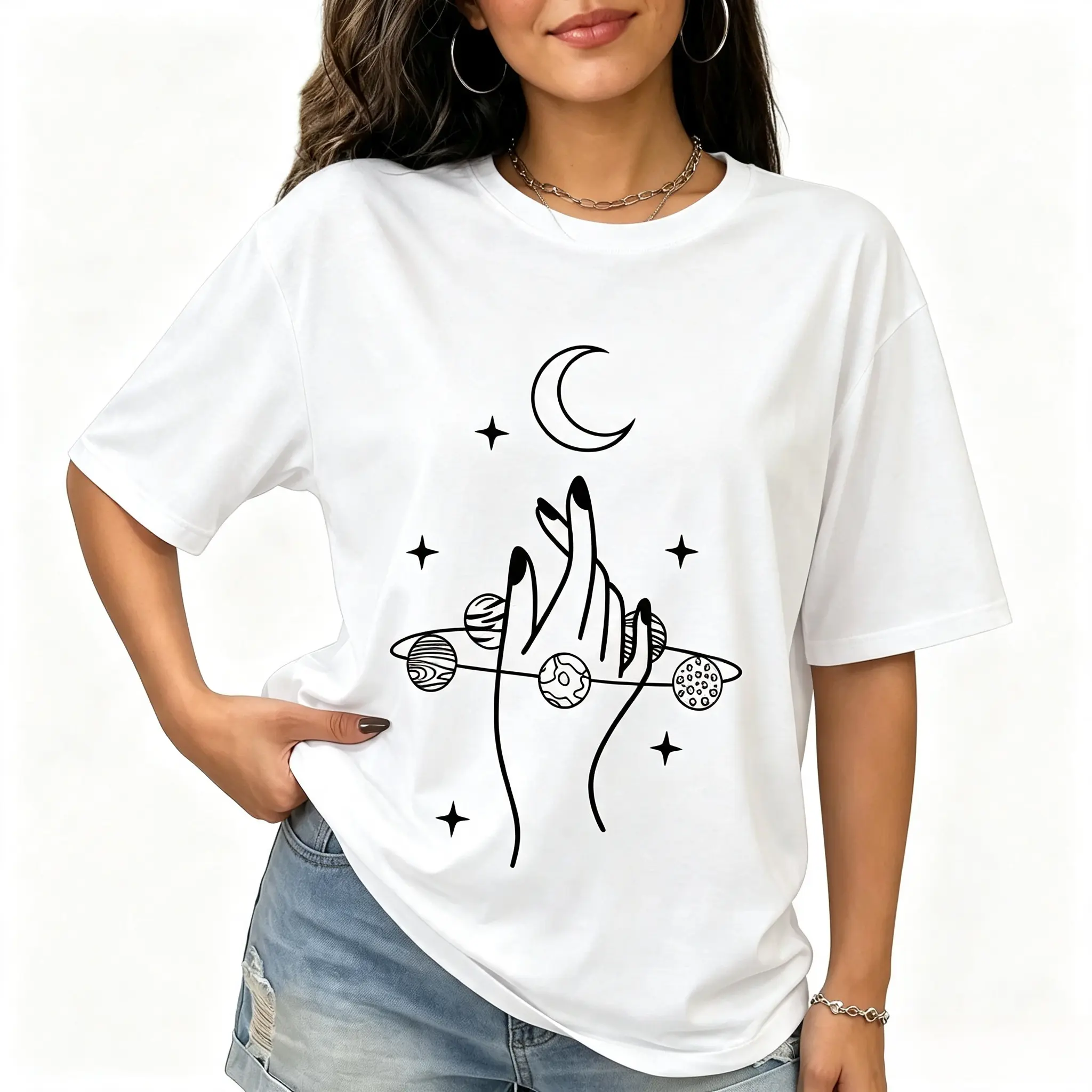 Women's Soft Cotton Short Sleeve Mystical Manifestation Casual Round Neck T-Shirt - Boho Celestial Fade-Free Print Womenswear Graphic Top