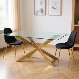 212 MAIN Contemporary Clear Glass Top & Gold Metal Frame Dining Table, 30 x 87 x 39.5 in, Cross Leg Base, 87 In, Cross Legs