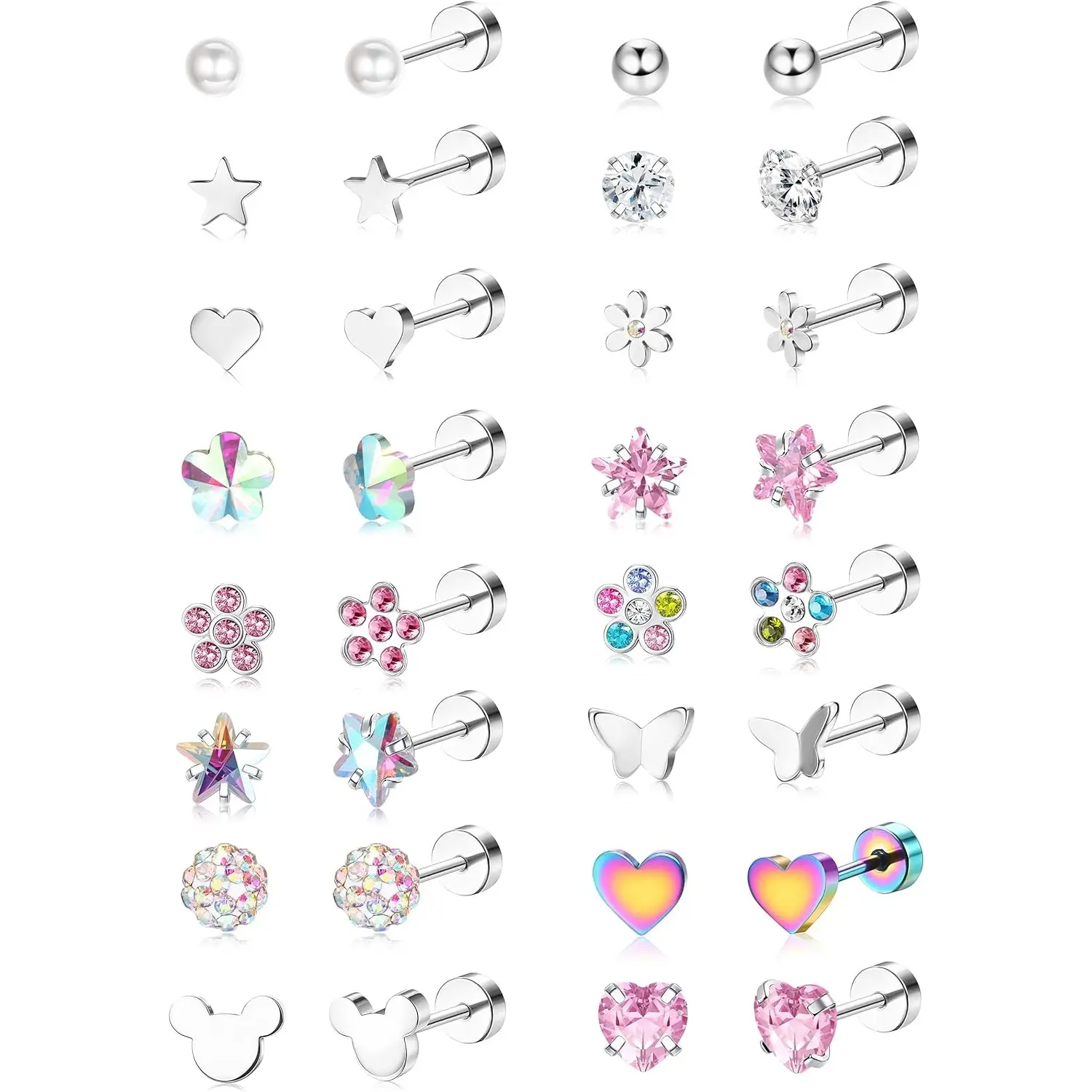THUNARAZ Unisex 16-Pair Hypoallergenic Stainless Steel Screw Back Stud Earrings Set - Cute CZ Heart, Flower, Star, Butterfly Designs, No Irritation Female Casual Jewelry, Ideal Gift for Daily/Party Use, Flowers