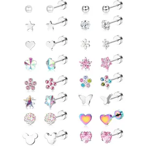 THUNARAZ Unisex 16-Pair Metal Surgical Steel Screw Back Stud Earrings Set - Cute CZ Heart, Flower, Star, Butterfly Designs, Hypoallergenic Earring for Women, Ideal Gift for Loved Ones for Daily & Party Use