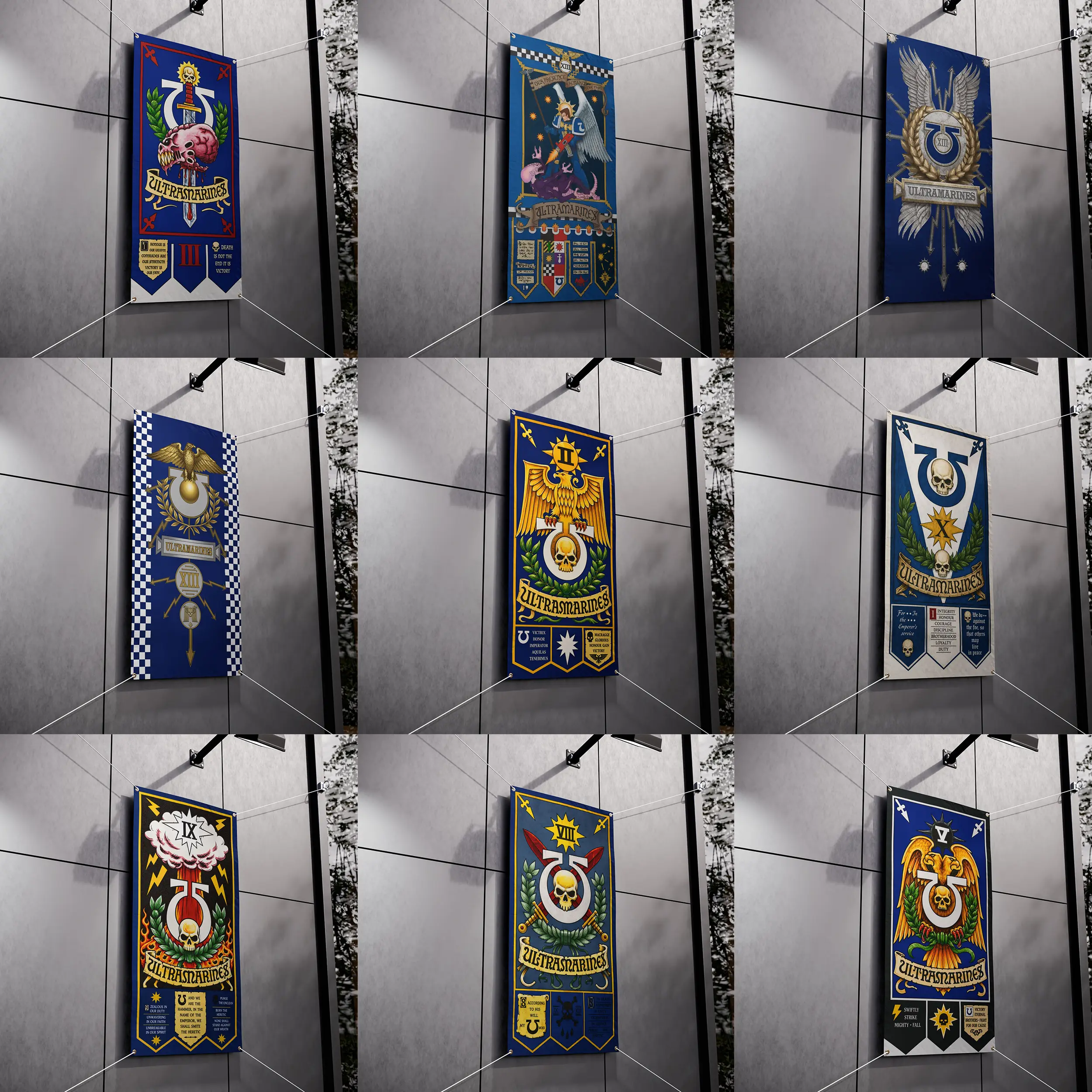 Warhammer 40K Ultramarines Chapter Banner Variants, Gothic Sci Fi Warrior Wall Flag with Eagle Skull Sword and Laurel Crest Designs, Vertical Gaming Tapestry for Bedroom Game Room Dorm Man Cave, Gift for Tabletop Fans Collectors and Gamers