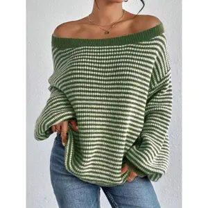 Women's Striped Print Drop Shoulder Sweater, Casual Long Sleeve Boat Neck Jumper for Fall & Winter, Fashion Ladies' Knitwear for Daily Wear