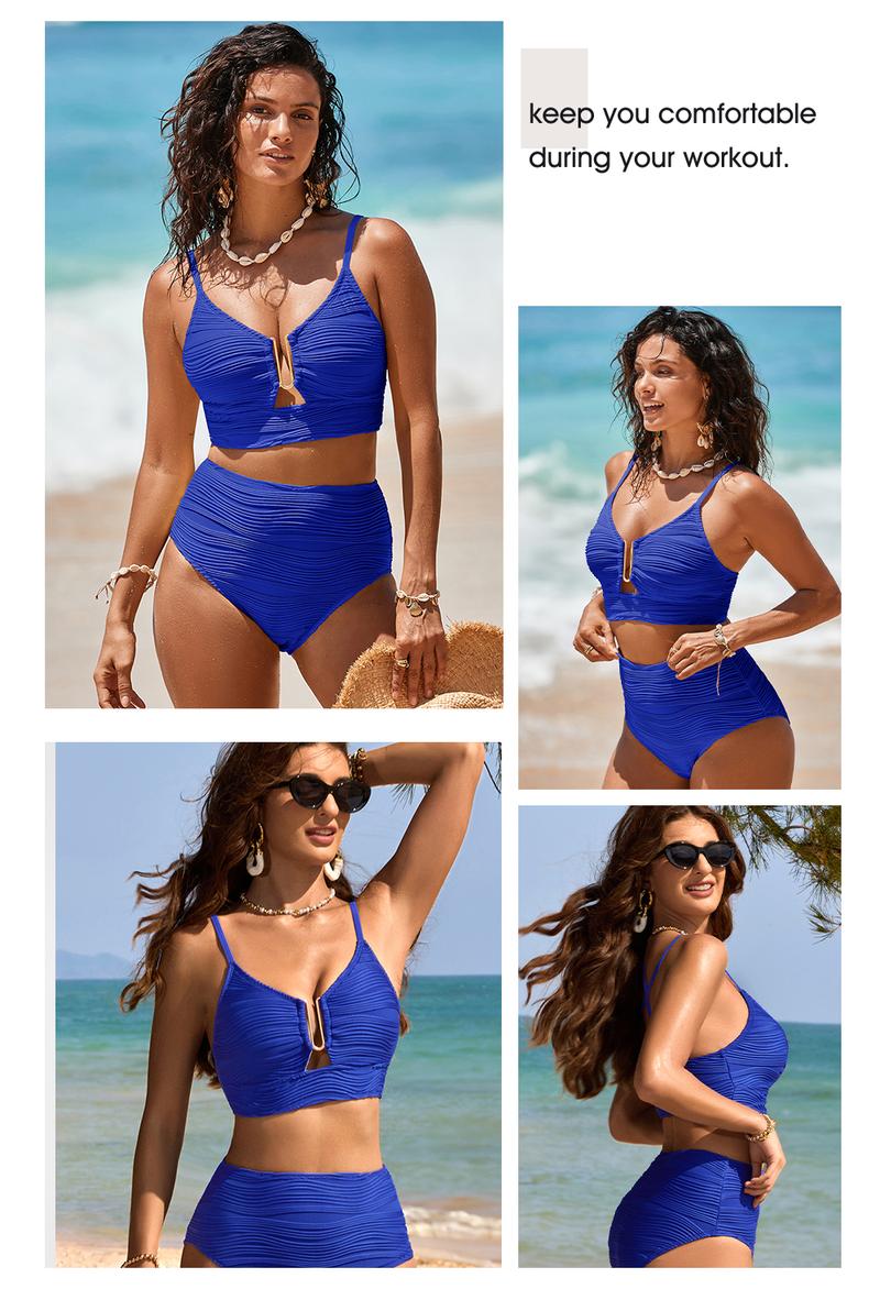 Aleumdr 2 Piece Bikini Set U-Wire Cutout Swimsuit High Waisted Textured 2025 Summer Swimming Clothing Beach Water Sports Tummy Control Swimwear