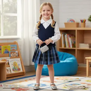 Smart Girls School Uniform Outfit | Comfy 2PC Long Sleeve White Blouse & Blue Plaid Pleated Skirt Set | Trendy Navy Ribbed Sweater Vest Styled | Complete Back to School Fall Winter Fashion | Must-Have Kids Clothing Gift for Girls