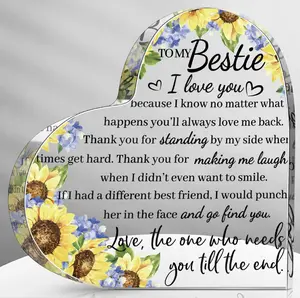 Gift for Friend Friendship Gifts for Women Friend Friendship Birthday Gifts for Women Cheer up Gift Acrylic Heart Keepsake and Paperweight for Home Office Table Shelf - Sunflower and Blue Flower