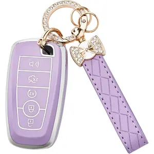 for Ford Key Fob Cover with Keychain, Soft TPU Key Case Shell for F150 F250 F350 Mustang Bronco Explorer Escape Edge Expedition Maverick Ranger Lincoln Smart Remote Key (Purple)