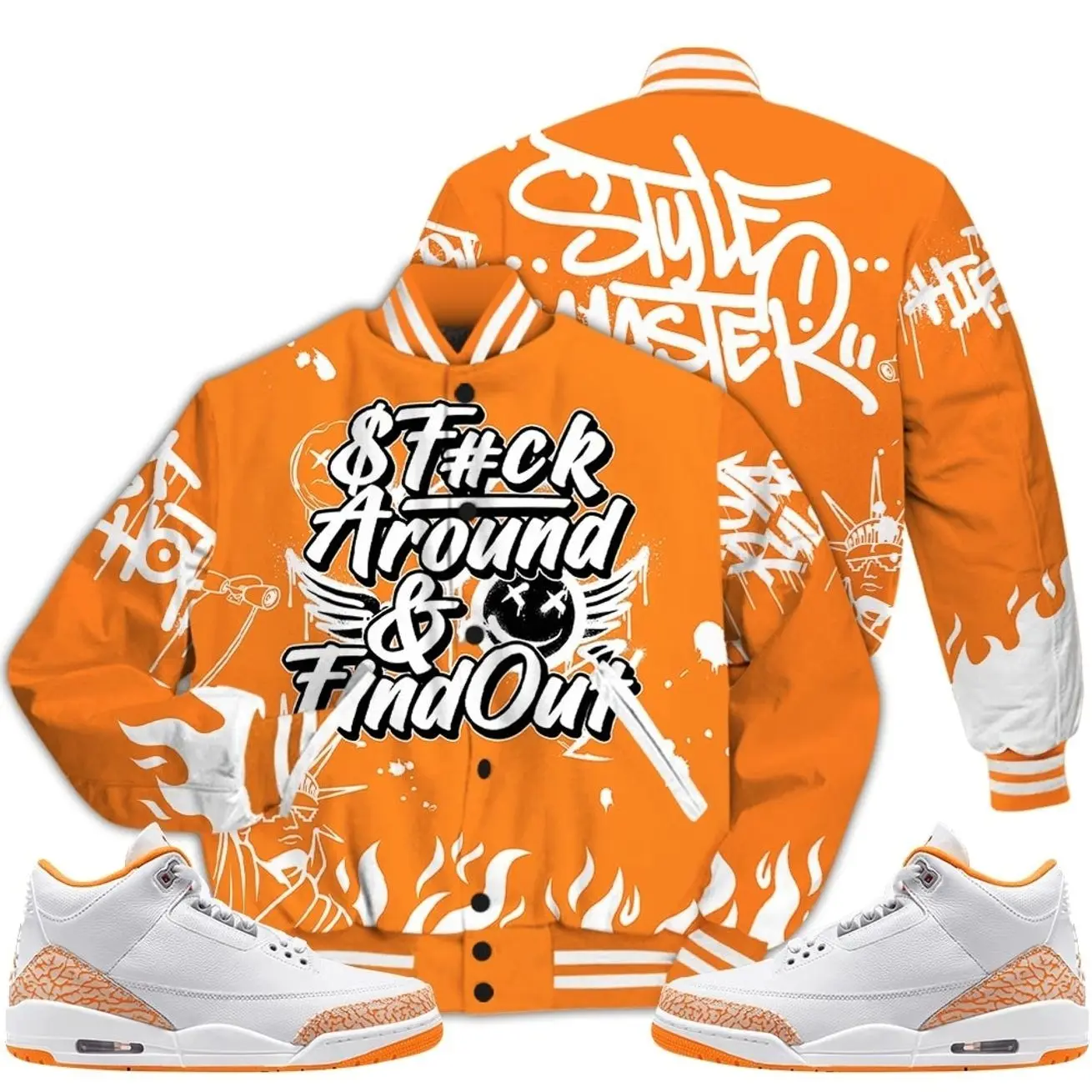 3 White Orange Peel Varsity Jacket, Orange Citrus 3s Outfit Graphic Meme Quote Shirts To Match Sneaker Streetwear