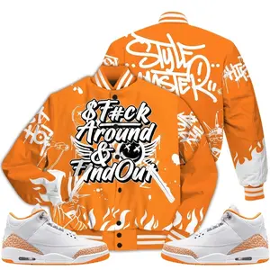 3 White Orange Peel Varsity Jacket, Orange Citrus 3s Outfit Graphic Meme Quote Shirts To Match Sneaker Streetwear