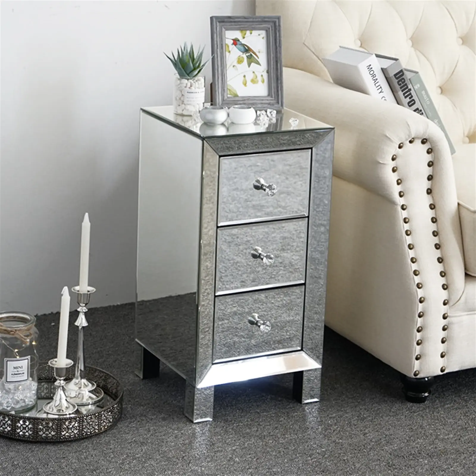 Modern Mirrored 3-Drawer Nightstand Bedside Table with Crystal Knobs for Bedroom & College Dormitory Eco-Friendly MDF & Glass Design