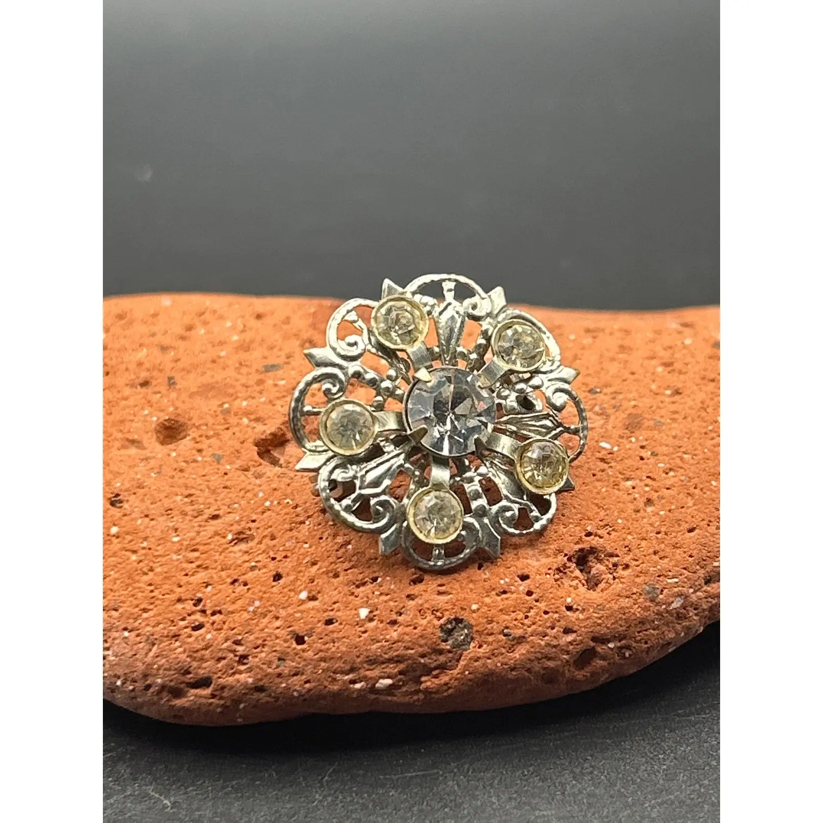 Vintage Mid Century Silver Tone AB Rhinestone Flower Brooch | 1960s Aurora Pin